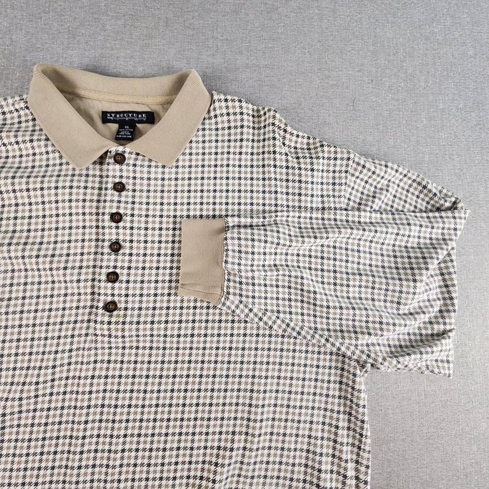Vintage 90s Structure XL Long Sleeve Knit Polo Earth Tone Houndstooth Soft Boy
